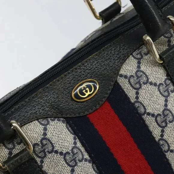 GUCCI GG Supreme Sherry Line Boston Bag PVC Navy Gold Red Auth 150128 - Picture 12 of 16